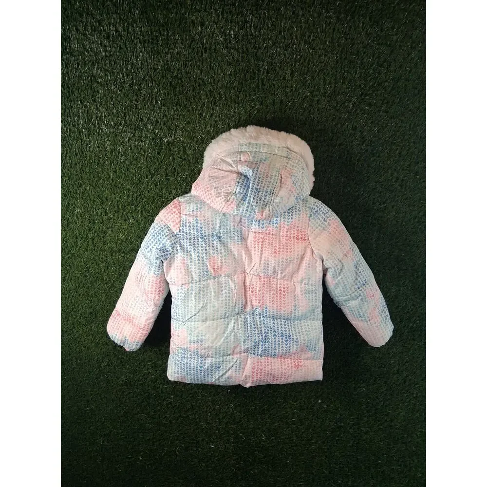 Snozu Girls Puffer Jacket Size 5 Pink Blue Heart Pattern Fleece Lined Hooded...
